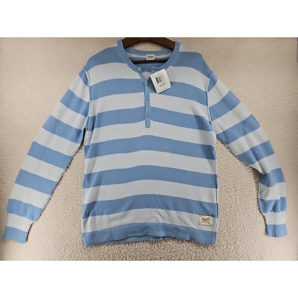Guess Men's Sweater Blue Y2K 90's Long Sleeve Pullover Cardigan Size L Cotton